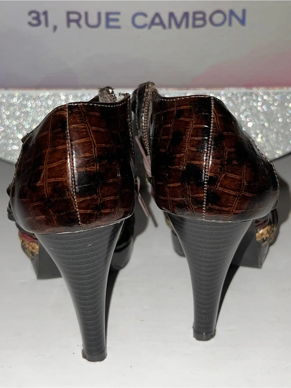 Madden Girl Multi-Strip Patent High Heel Sandals in Brown, Red & Gold